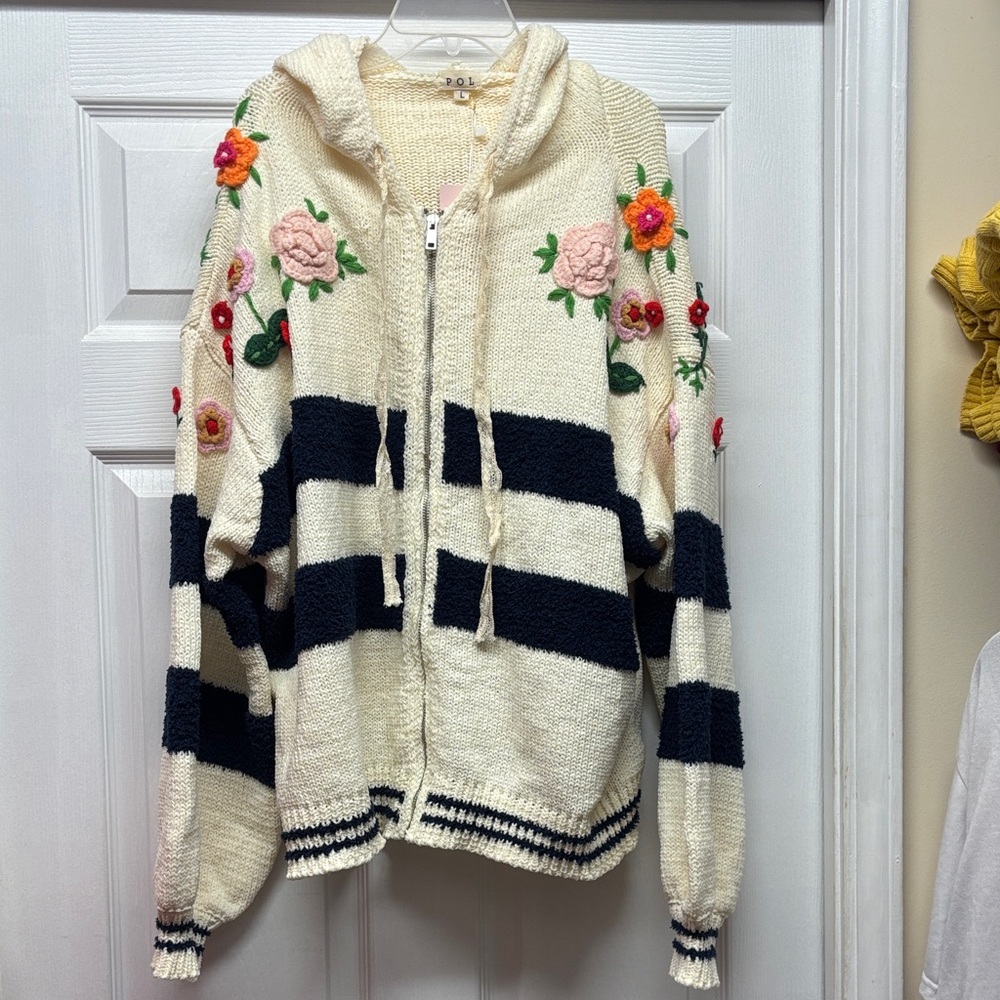 POL Cream and Navy Striped Zip Hoodie with Crocheted Floral details Large New - Picture 2 of 6